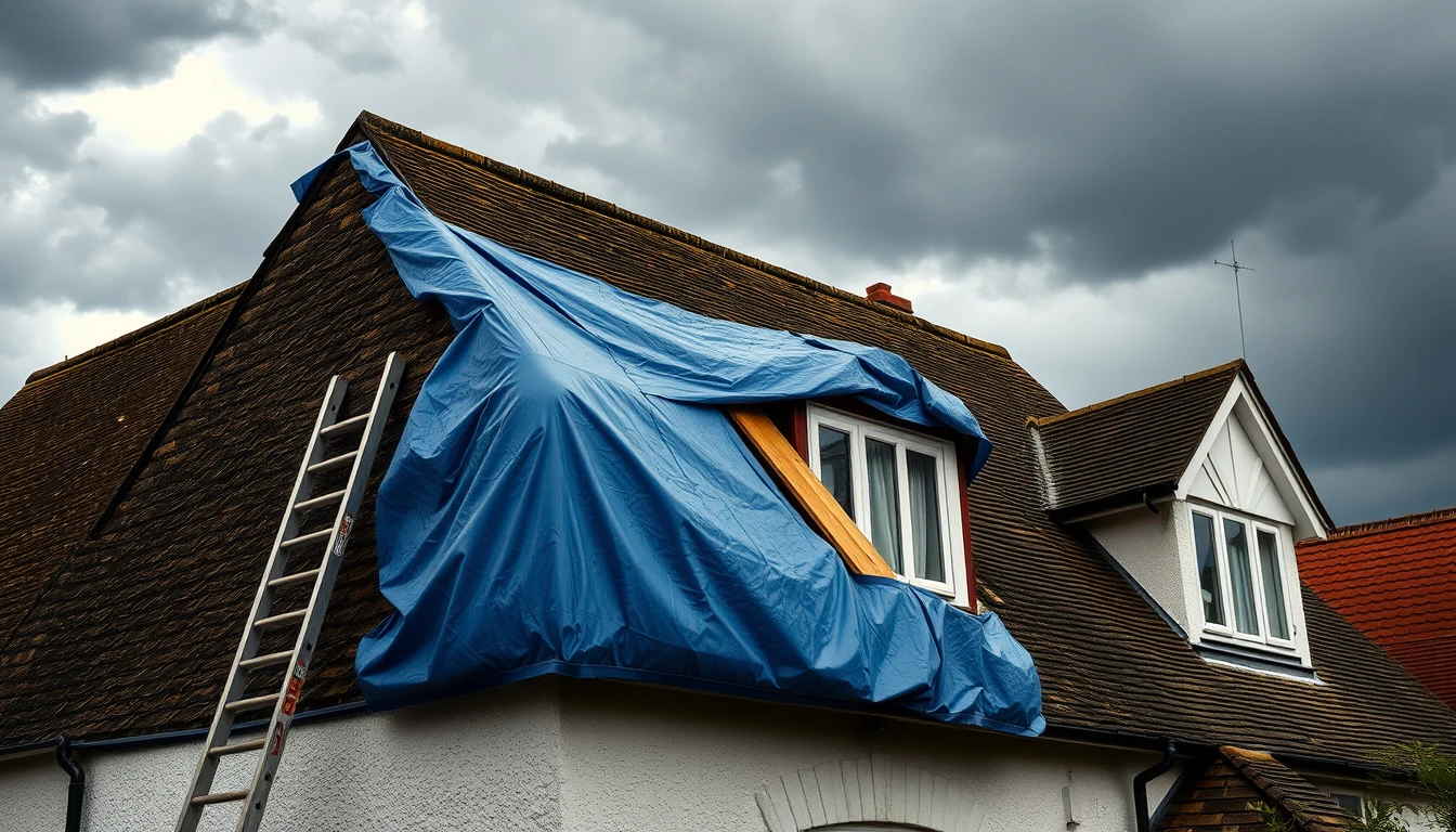 Temporary tarpaulin sheeting secured over storm-damaged roof tiles