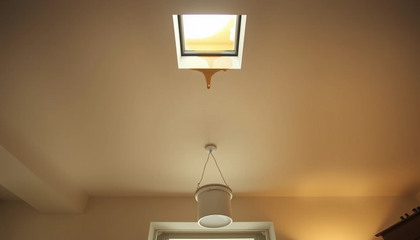 A bucket catching dripping water beneath a ceiling water stain during a roof leak