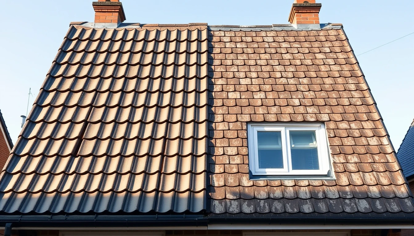 Roofer inspecting damaged and undamaged sections of a pitched tiled roof