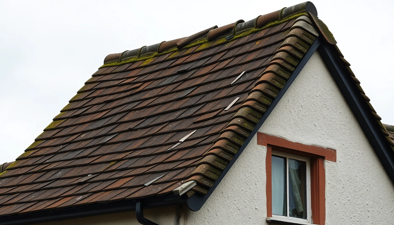 Close-up of moss-covered and cracked roof tiles on an older pitched roof